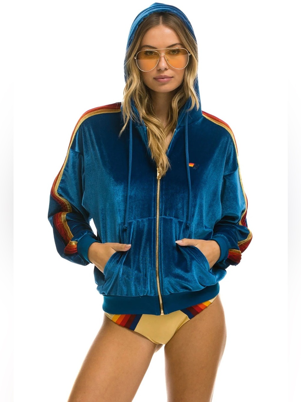 Aviator Nation Classic Velvet Relaxed Zip Hoodie In Blue Size XS